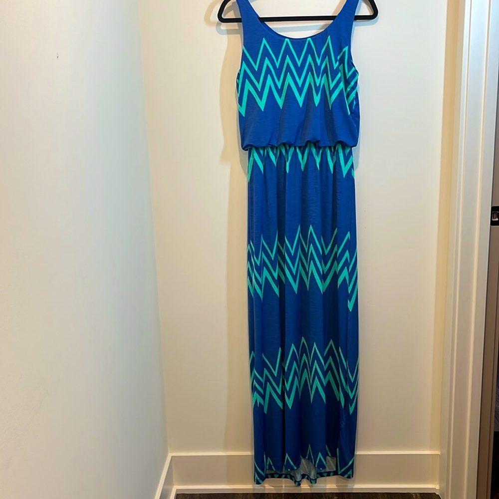 Chevron Patterned Blue and Green Maxi Dress